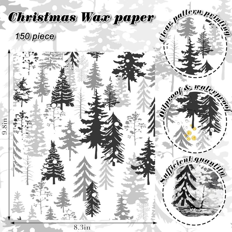 Welpurch 150Pcs Christmas Tree Deli Paper, 9.8 x 8.3'' Forest Grease Proof Food Deli Sheets, Resistant Sandwich Wrap Liners Greaseproof Food Wax Paper for Xmas Winter Party Supplies (Black) - Image 2